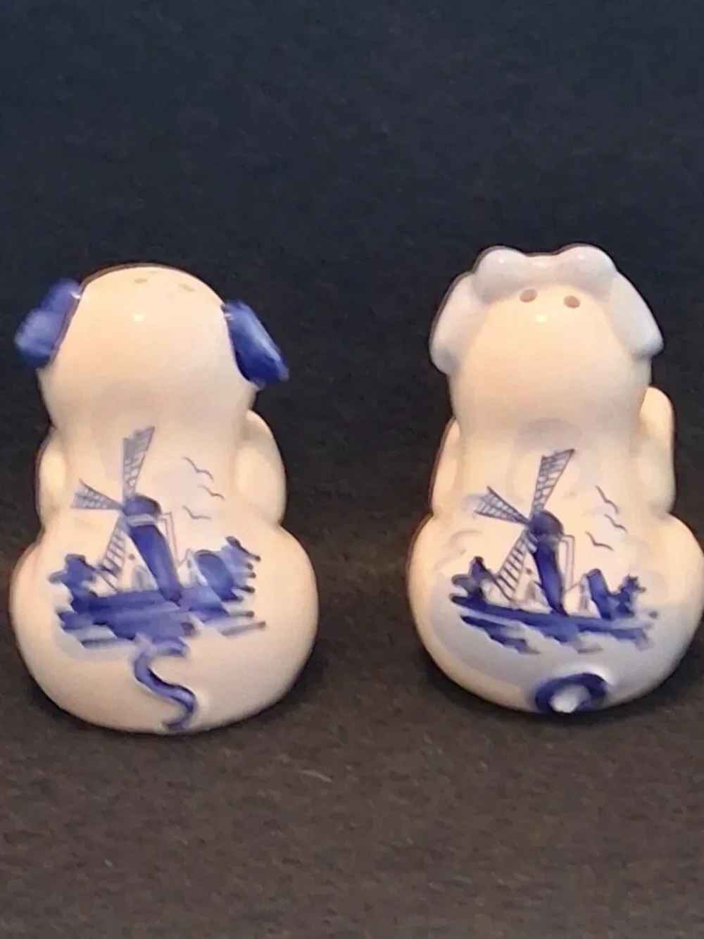 Vintage (1960s - 1980s) Delft Blue Pig Salt & Pepper Shakers Windmill Floral Set